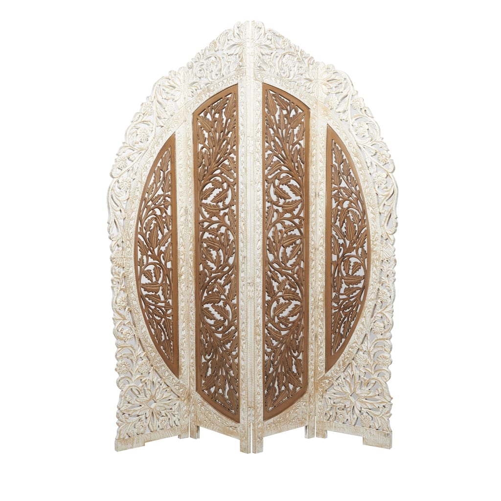 Mango Wood Floral Handmade Foldable Arched Partition 4 Panel Room Divider Screen - Brown - Roche River Decor