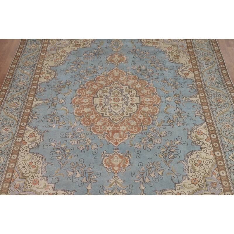 Light Blue Tabriz Persian Vintage Area Rug Handmade Wool Carpet - 9'10" x 12'7"