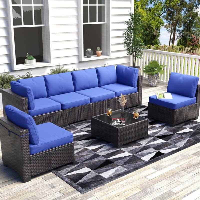 Patio Funiture Set 7 Pieces Outdoor Rattan with Detachable Soft Cushions Patio Conversation Sets - Brown + Navy Blue