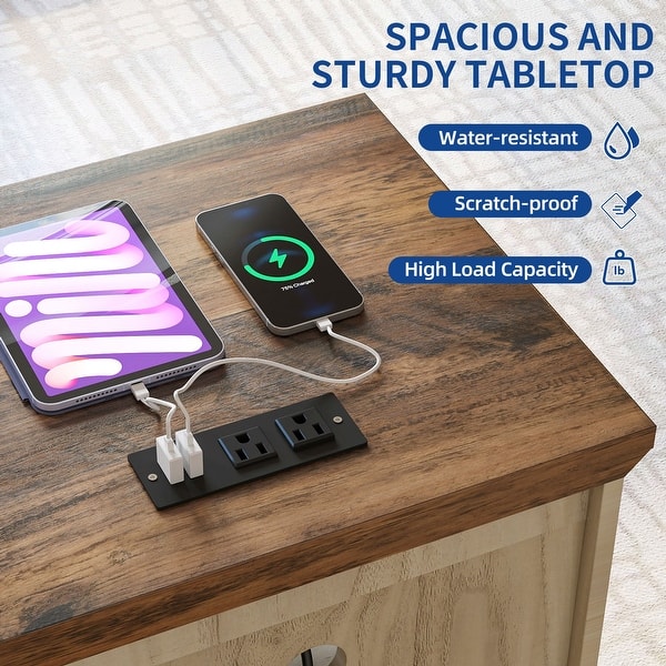 Moasis 2-Drawer LED Nightstand with Charging Station, End Side Table with Open Storage Shelf