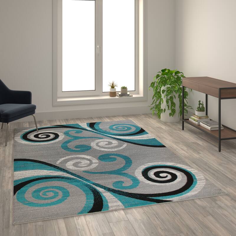 Modern Distressed Swirl Abstract Style Indoor Area Rug - 6' x 9' - Turquoise