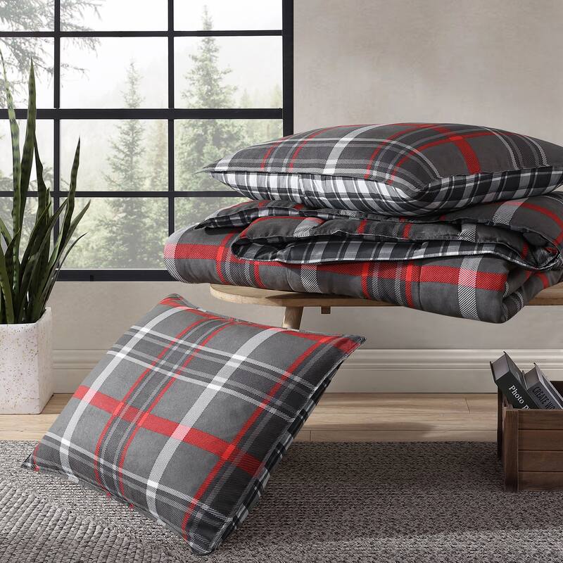 Eddie Bauer Willow Plaid Down Alt Grey Reversible Comforter Set