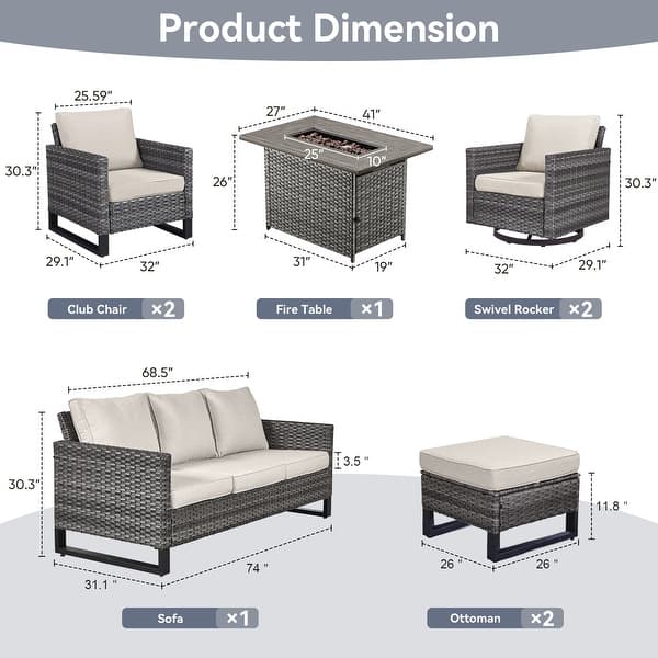 dimension image slide 5 of 24, Gymojoy Outdoor Fire Pit Conversation Set, Patio Furniture with Cushions