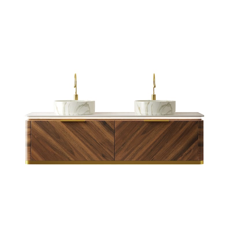 60" Floating Vanity with Smart Sensor Light, Stone Top and Vessel Sink