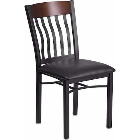 Offex Eclipse Series Vertical Back Black Metal and Walnut Wood Restaurant Chair with Black Vinyl Seat
