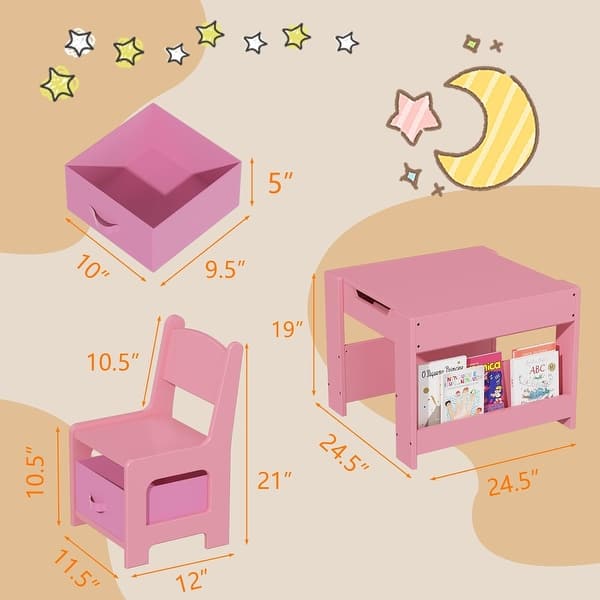 Kids Table and Chair Set - 4 in 1 Wooden Activity Table with 2 Chairs and Storage Drawer