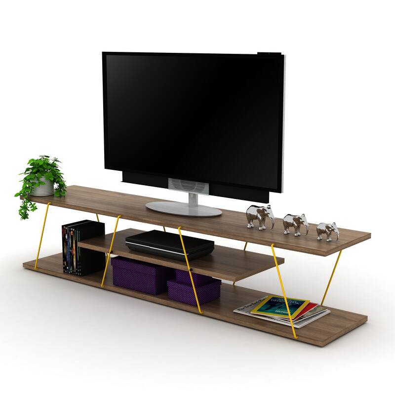 FurnisHome Store Tars Mid Century Modern Tv Stand 4 Shelves Open Storage Metal Cords Entertainment