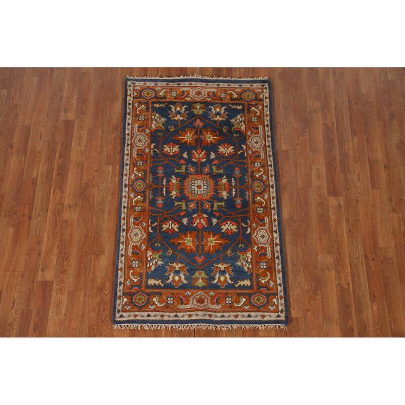Blue Floral Heriz Serapi Indian Accent Rug Handmade Wool Carpet - 3'0"x 5'0"