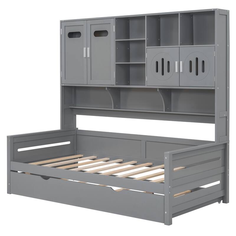 Full Size Wood Daybed with Built-in Storage Cabinet, Open Shelves & Twin Trundle Bed, Space-Saving Multi-Functional Frame