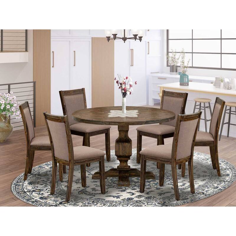 HomeStock 7-Piece Distressed Jacobean Finish Solid Wood Top Dining Table with 6 Parson Chairs