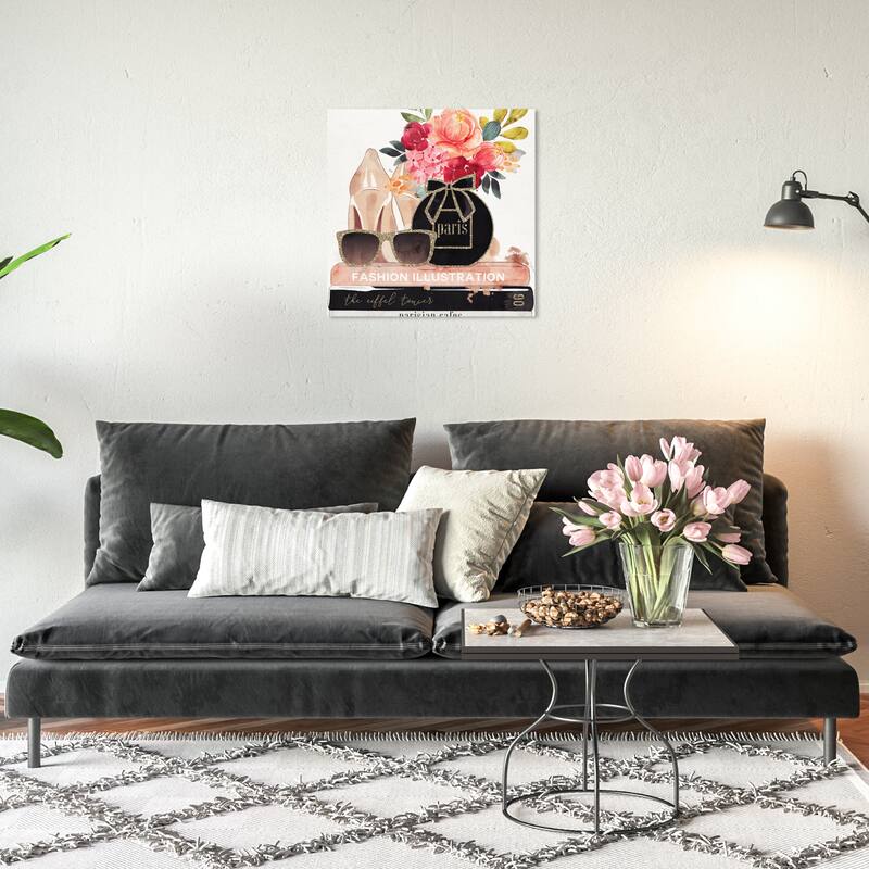 Wynwood Studio Canvas Fashion and Glam Glamorous Perfume Stack Gold and Metallic Gold Glam Wall Art Canvas Print - 20 x 20