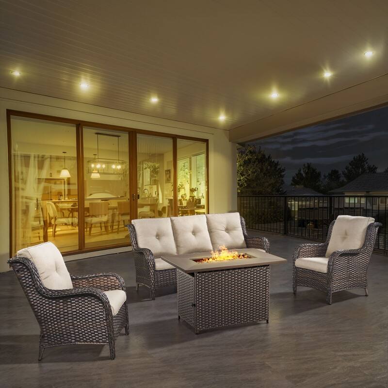 Gymojoy 4-Piece Outdoor Wicker Patio Furniture with Fire Pit Table, Rattan Coversation Set with Water Resistant Thick Cushions
