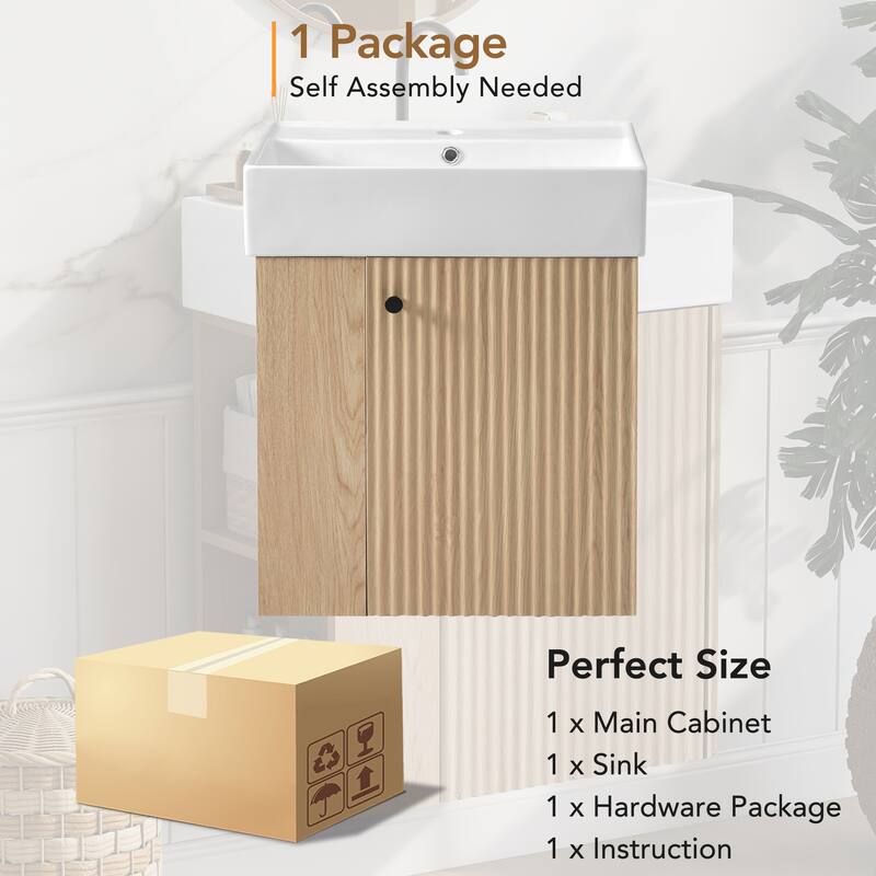 Floating Bathroom Vanity with Sink, Wall Mounted Bathroom Vanity, Storage Cabinet with Open Shelf & Wave-Patterned Door