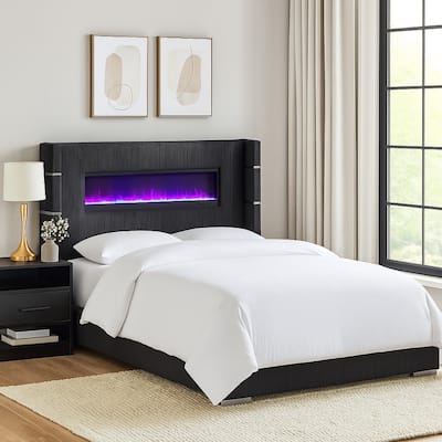 Caro Queen Bed, Wingback Panel w LED Flame, Black Corduroy Upholstery