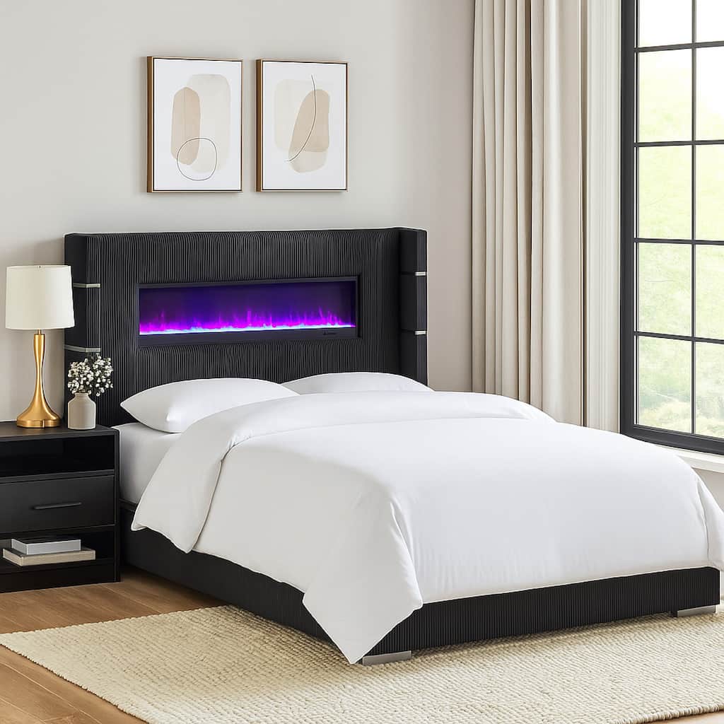 Caro Queen Bed, Wingback Panel w LED Flame, Black Corduroy Upholstery