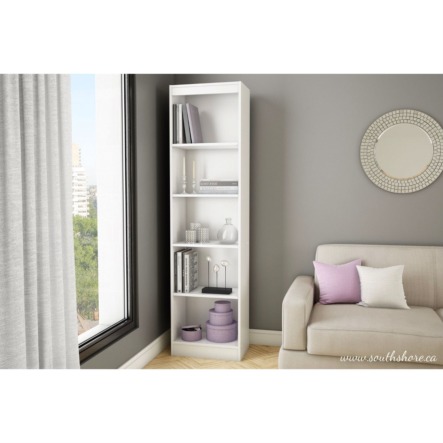 Bookcase 5 Shelf Wood Narrow Pure White Adjustable Shelves Storage Furniture 