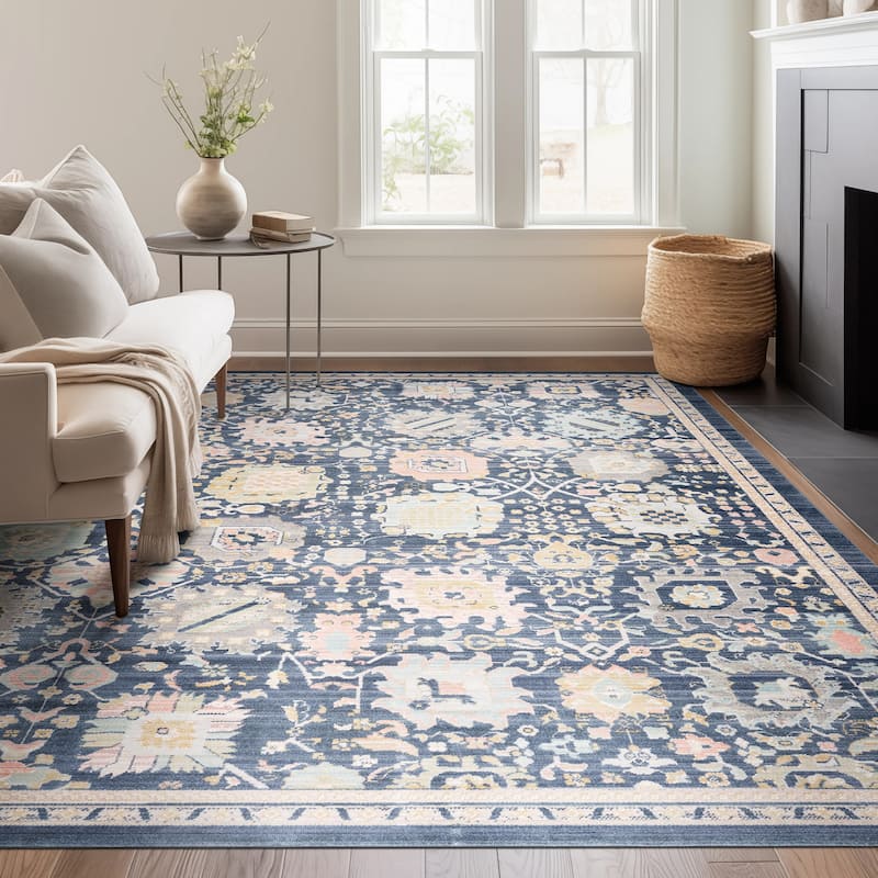 Crosswood Alyssa Traditional Floral Indoor Polyester Area Rug - 5'3'' x 7' - Navy/Aqua