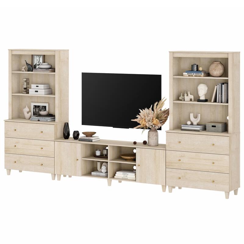 WAMPAT Modern TV Stand and Bookcase Set for 75" TVs - 6 Drawers & 2 Cabinets - Light Wood