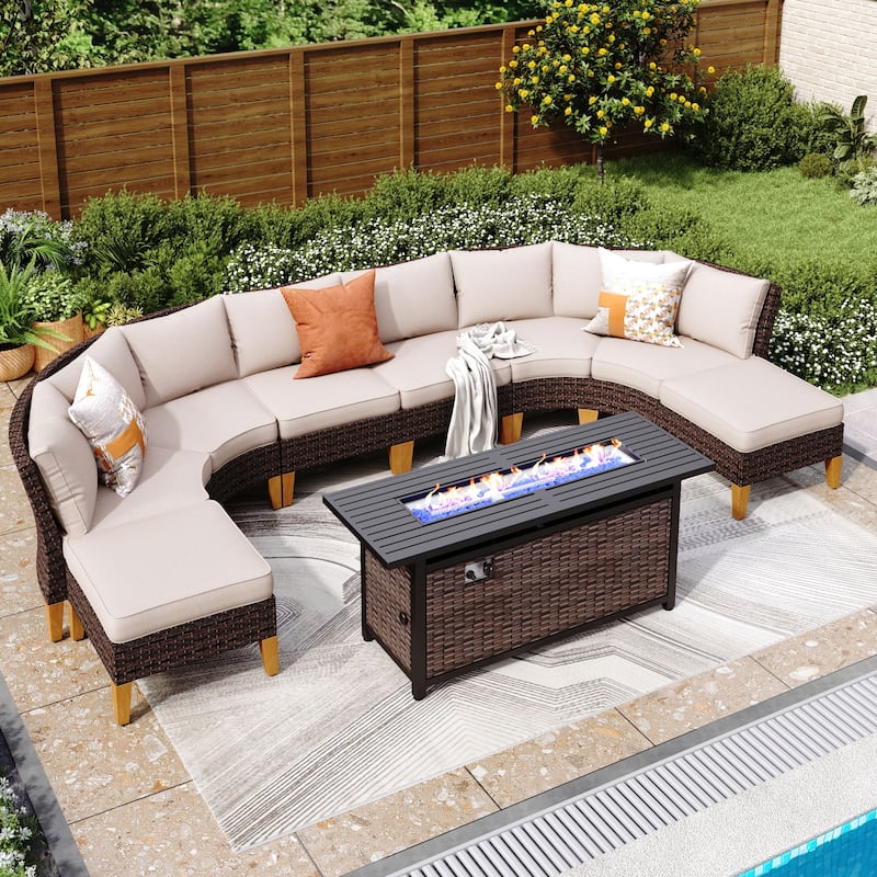6-11 Piece Patio Outdoor Wicker Sectional Sofa Half-Moon Furniture Set Large Seating Conversation Sets with Fire Pit Table - 8 Seats-2 - Beige