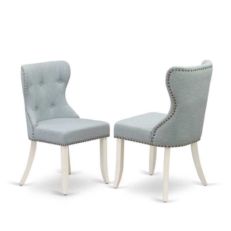 East West Furniture Kitchen Set- an Oval Dining Table and 4 Baby Blue Linen Fabric Parson Chairs, Linen White(Pieces Options)