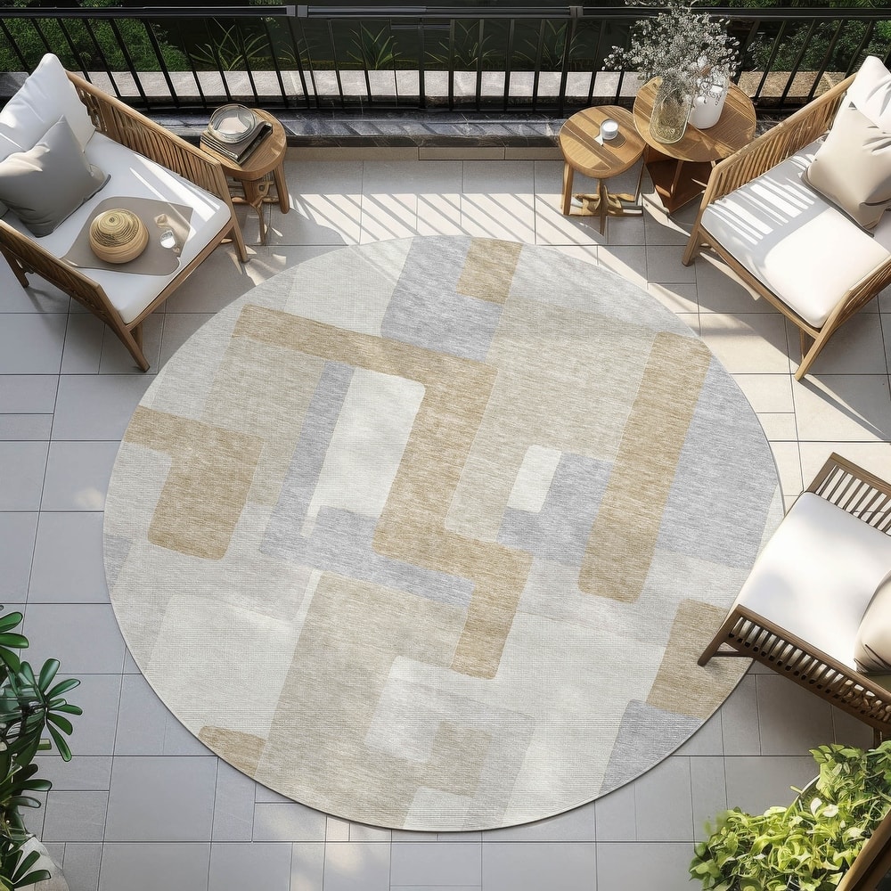 Machine Washable Indoor/ Outdoor Contempoary Blocks Chantille Rug