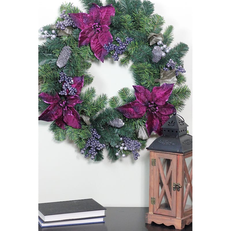 Purple Poinsettia and Silver Pine Cone Artificial Christmas Wreath - 24-Inch Unlit - 24"