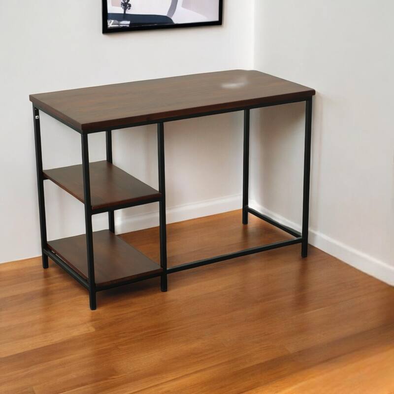 HomeRoots 42" Chestnut and Black Solid Wood and Metal Computer Desk - Black