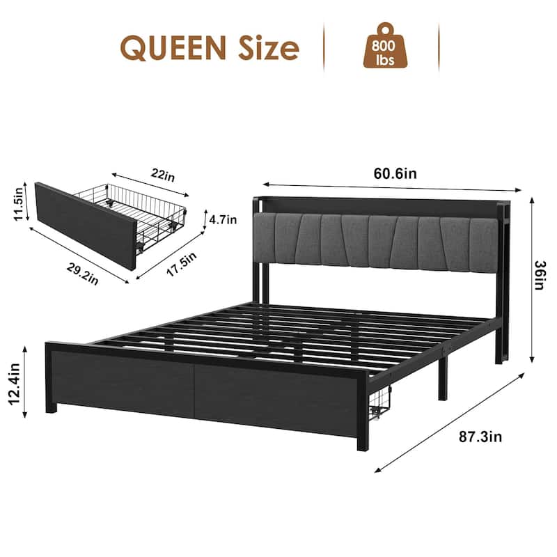 Industrial Full Platform Bed, Storage Headboard/2 Large Drawers/Charging Station
