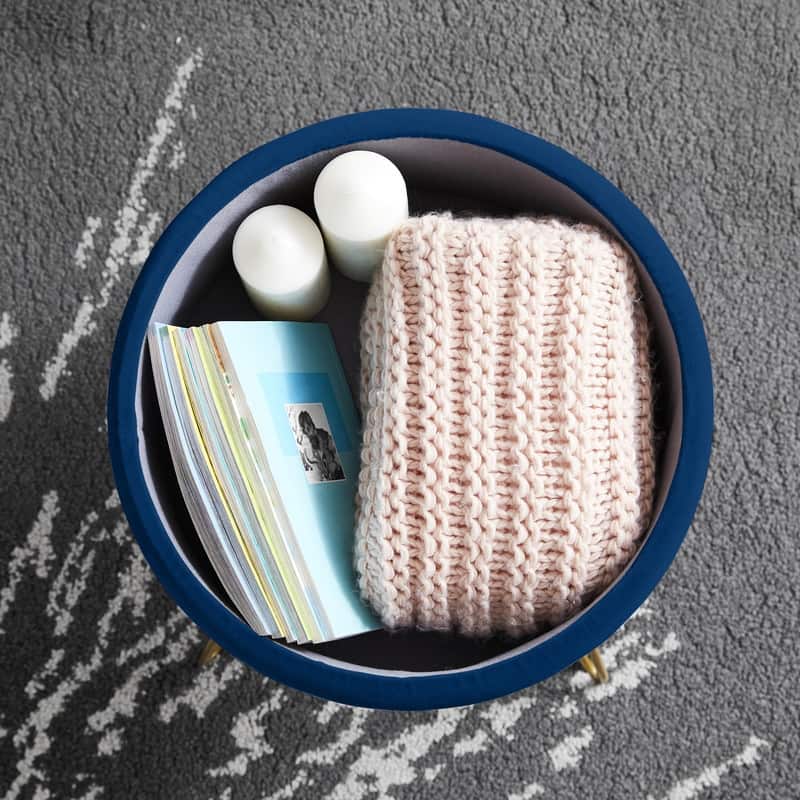 Round Velvet Storage Ottoman with Tray Top Table