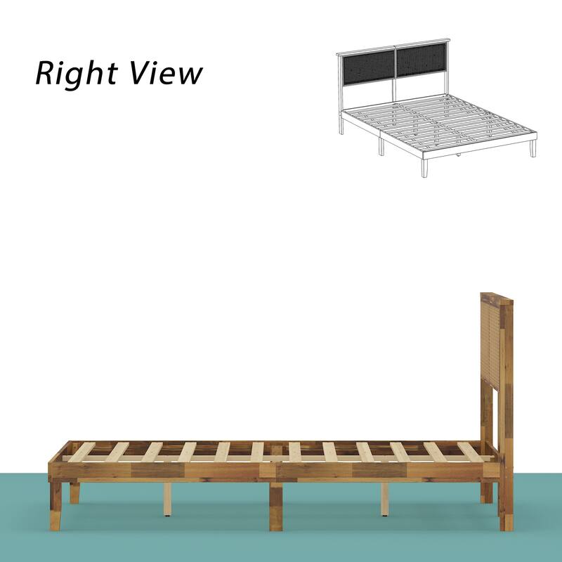 Solid Wood Bed Frame with Cane Headboard, Modern Natural Finish Platform Bed