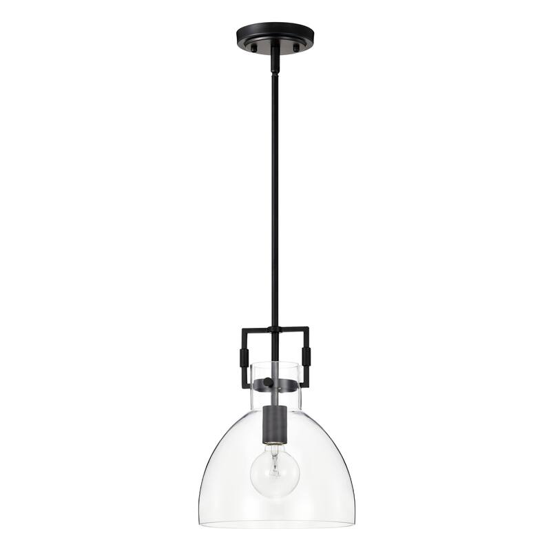 Matte Black 1-Light 10 Inch Bowl Shaped Clear Glass Pendant
