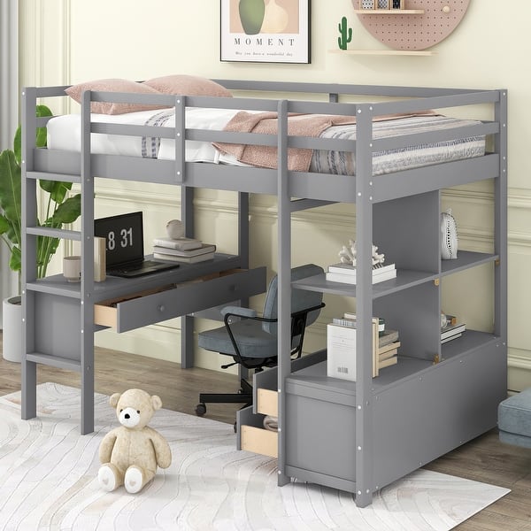 slide 2 of 22, Twin Loft Bed with Desk, Drawers & Shelves, Space-Saving, Grey Finish Grey