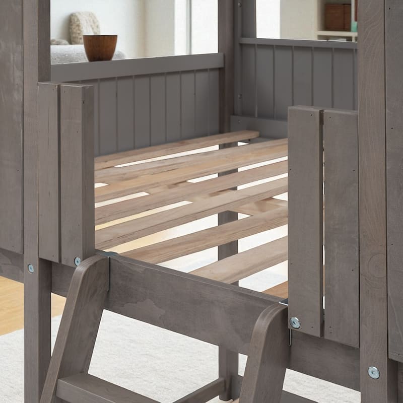 Full Over Full Wood Bunk Bed with Roof and Window, Guardrails and Ladder, House Style Frame for Kids