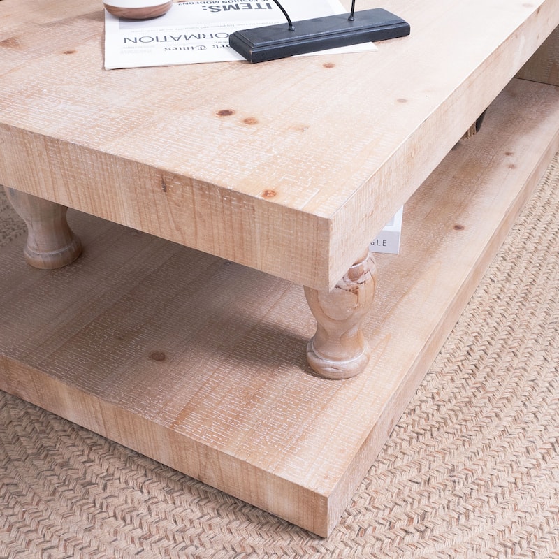Roomfitters Rustic Coffee Table with Turned Legs, 47" Rectangular Center Table with Shelf, Engineered Wood, Natural