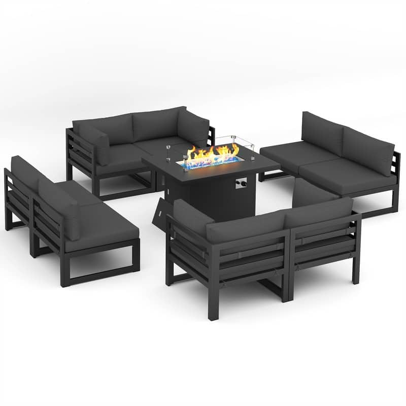 FINCATI 9 Piece Extra-large Outdoor Furniture Aluminum Patio Set with Propane/Natural Gas Firepit Table