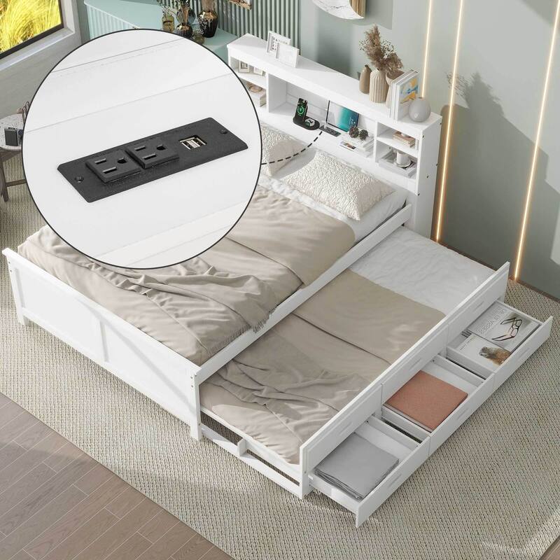 Twin & Full Size Platform Bed with Storage Headboard, USB, Twin Size Trundle and 3 Drawers
