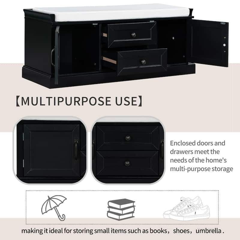 Modern Storage Bench with 2 Storage Drawers and 2 Cabinet Doors, Removable Cushion for Home Entryway and Lounge
