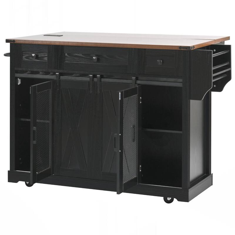 Farmhouse Kitchen Island with Storage, Rolling Kitchen Island on 5 Wheels with Spice Rack