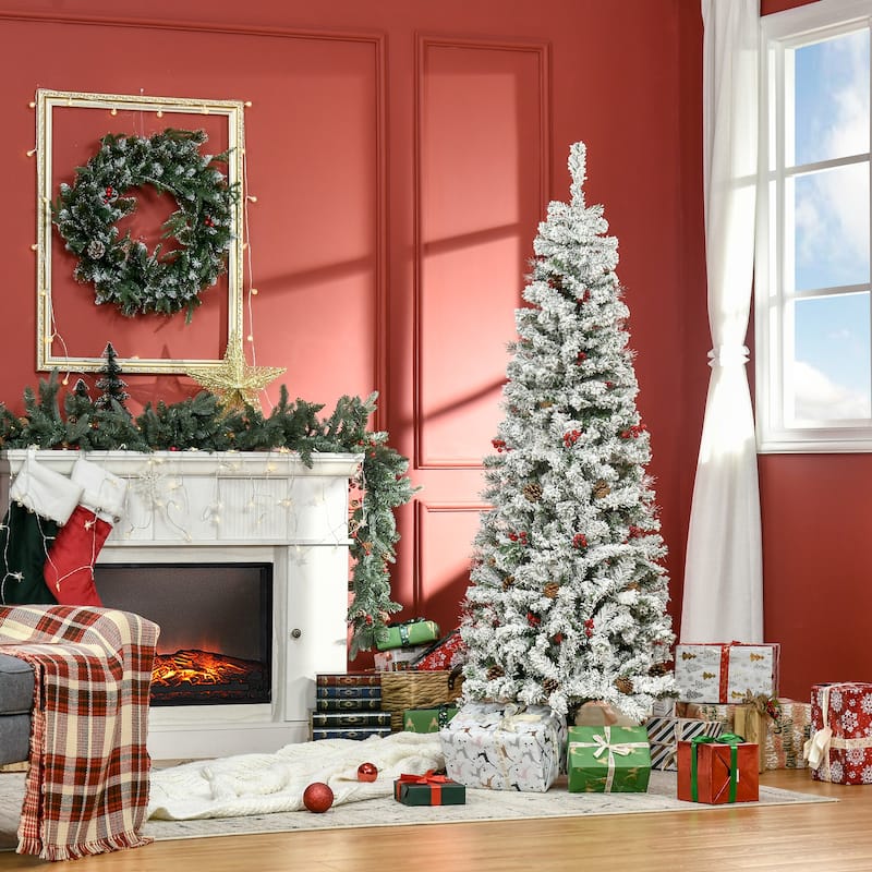 6ft/7.5ft Pencil Snow Flocked Christmas Tree with Pinecones and Berries