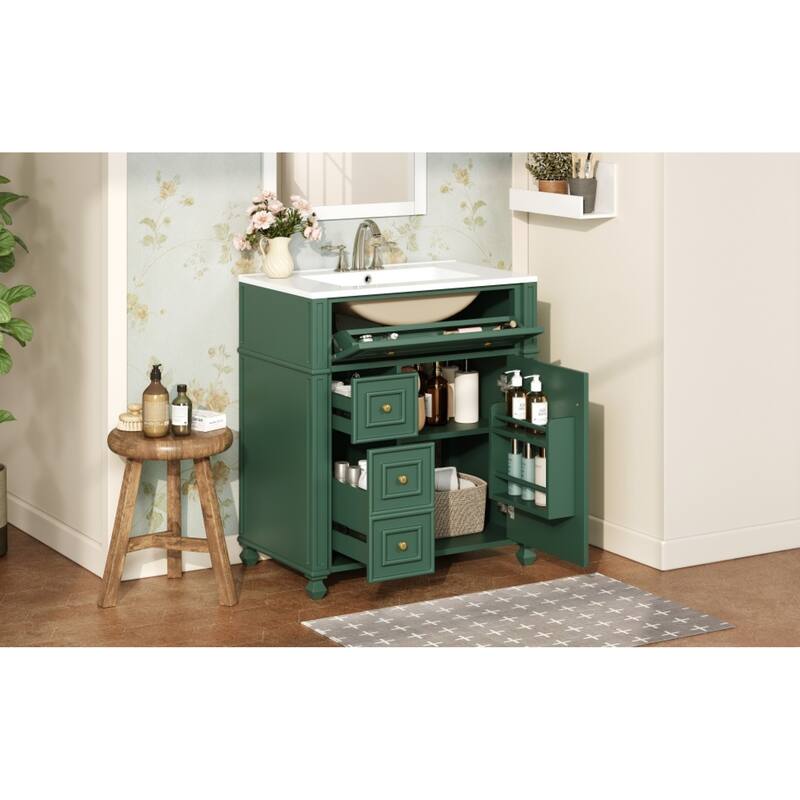 Roomfitters 30 Inch Bathroom Vanity with Ceramic Sink Basin, Soft Close Storage Cabinet & Door Organizer