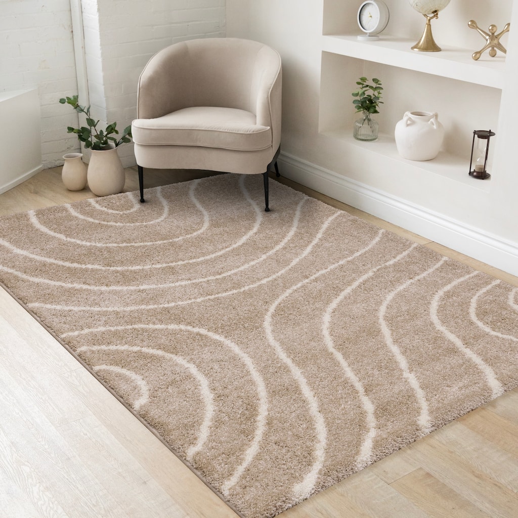 Taupe Cream Curved Lines Shag Living Rug