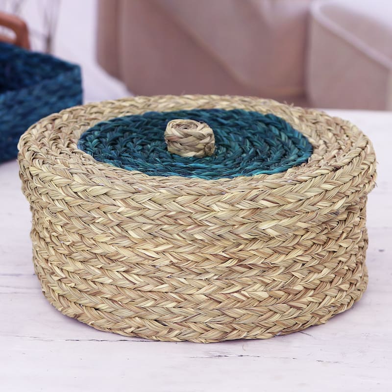 Novica Handmade Turquoise Allure Natural Fiber Basket