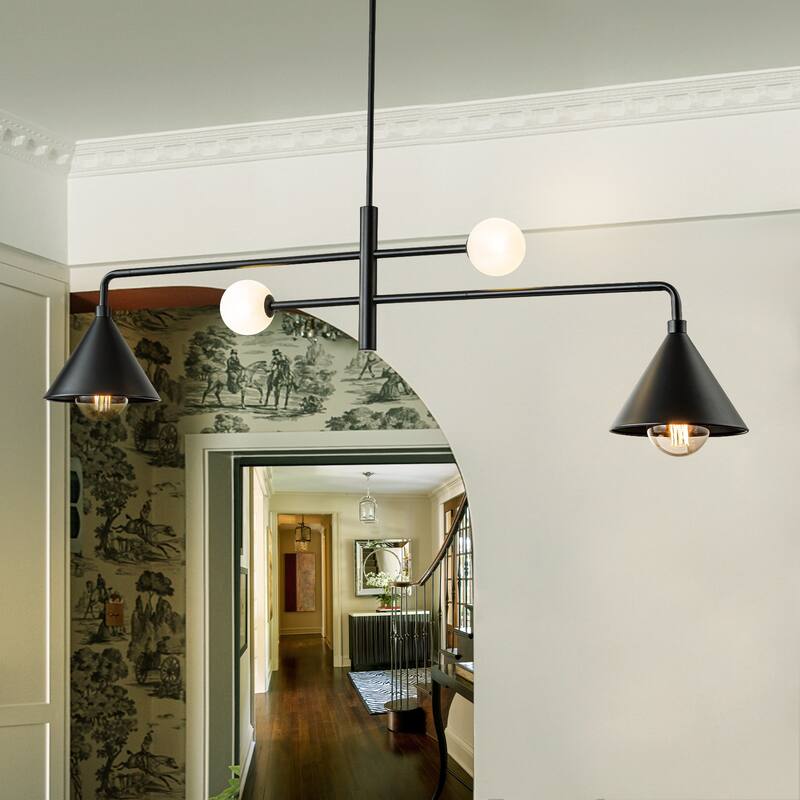 4-Light Modern Trumpet Iron Cone Shade Linear Chandelier Globe Glass Kitchen Island Light