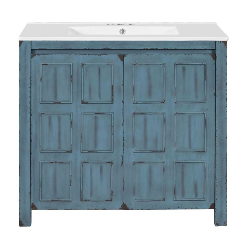 36" Rustic Bathroom Vanity Cabinet with Ceramic Sink -Solid Wood Freestanding Organizer with Soft Close Doors.