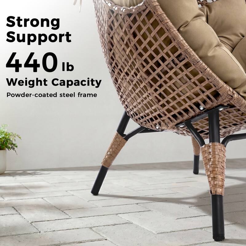 Set of 2 Outdoor Wicker Egg Chairs with Ottomans, 4-Piece Patio Lounge Chair Set, 6.5" Thick Cushions, 440 lbs Capacity