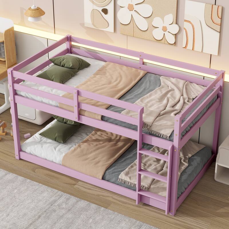 Solid Wooden Twin over Twin Floor Bunk Bed with Ladder, Pink