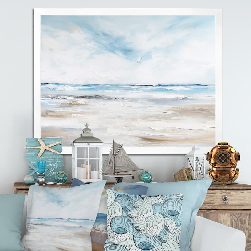 Designart "Coastal Beach Minimal Scenery I" Coastal Ocean Framed Canvas Wall Art - 44 in. wide x 34 in. high - White