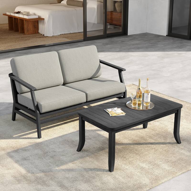 Outdoor Loveseat Sofa with Coffee Table Teak Wood Patio Furniture