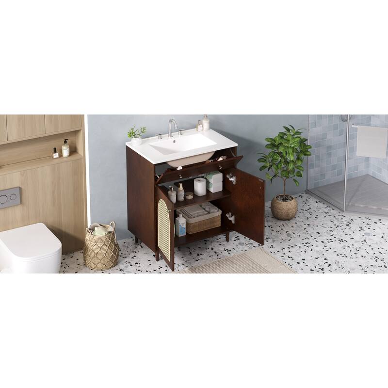 30" Bathroom Vanity with Ceramic Sink, Solid Wood Frame Bathroom Sink Cabinet with Adjustable Shelf, Tip-Drawer