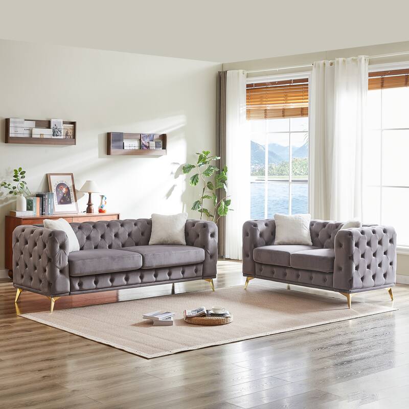 2+3 Seater Chesterfield Sofa Set, Velvet Loveseat & Deep Seat Lounge Couch with Tufted Design and Removable Cushions